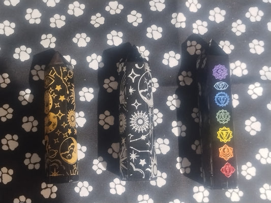 Engraved Black Obsidian Tower